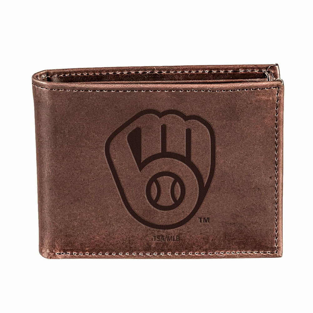 Milwaukee Brewers Bi-Fold Wallet Brown 100% Genuine Leather, MLB, Home