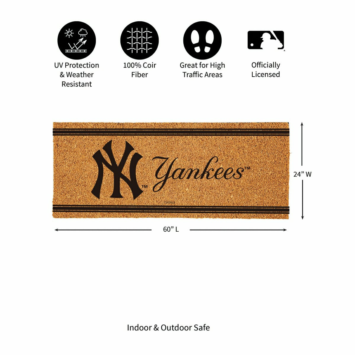 NY Yankees Extra Large One Color Coir Mat, 60"x24", MLB