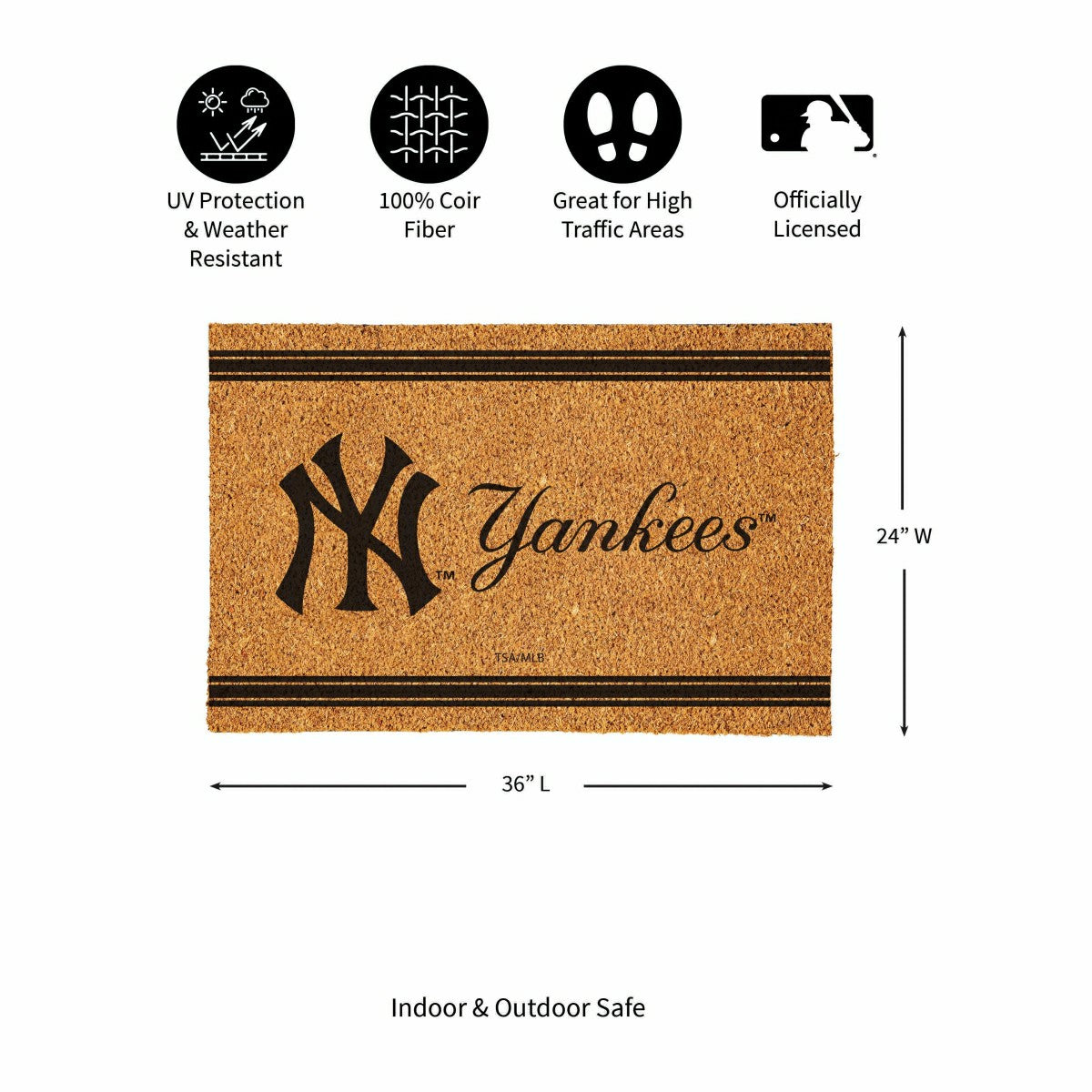 NY Yankees Large One Color Coir Mat, 36"x24", MLB