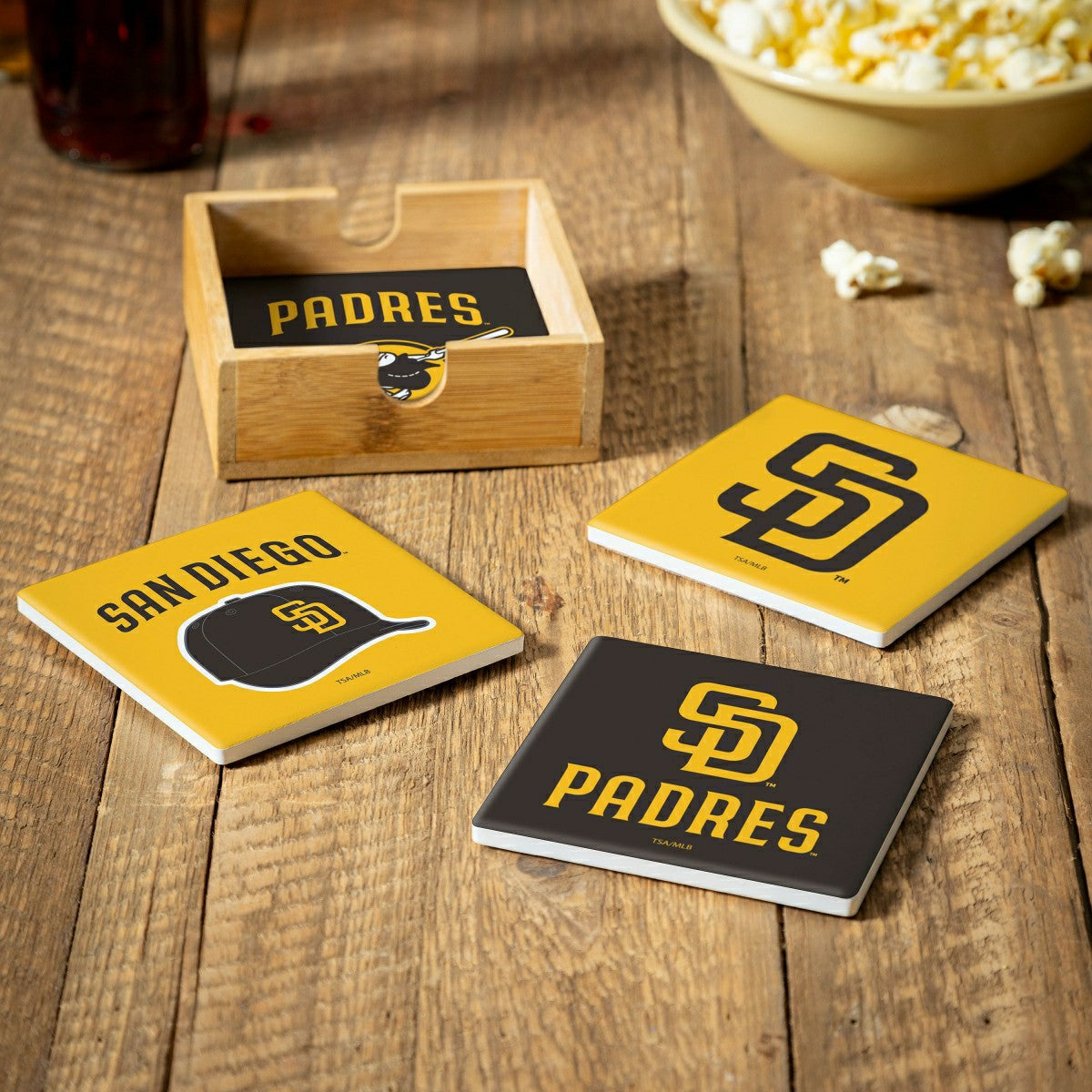 San Diego Padres Ceramic Coasters Set, 4pcs with Wood Caddy, MLB, Home