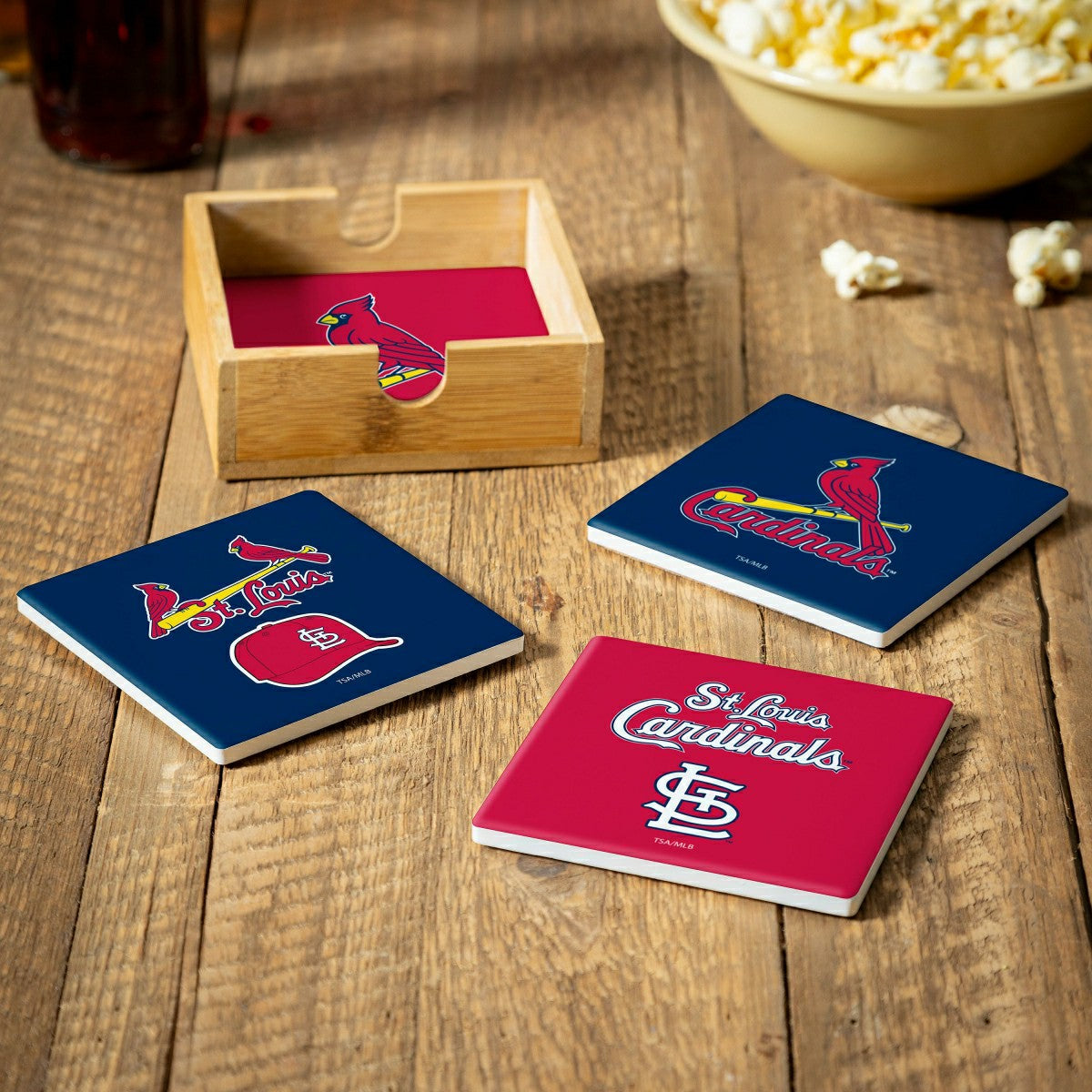 St Louis Cardinals Ceramic Coasters Set, 4pcs with Wood Caddy, MLB, Home