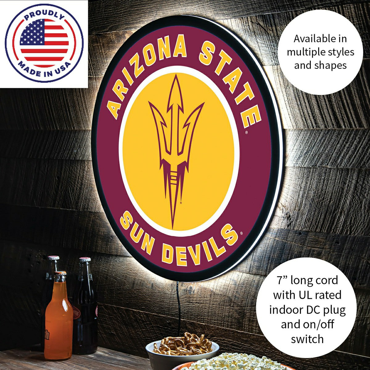 LED Wall Decor, Round, Arizona State University, Collegiate, Home