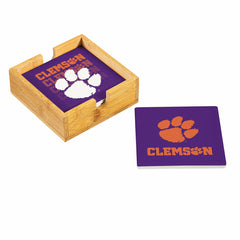 Clemson University Ceramic Coasters Set, 4pcs with Wood Caddy, Collegiate, Home