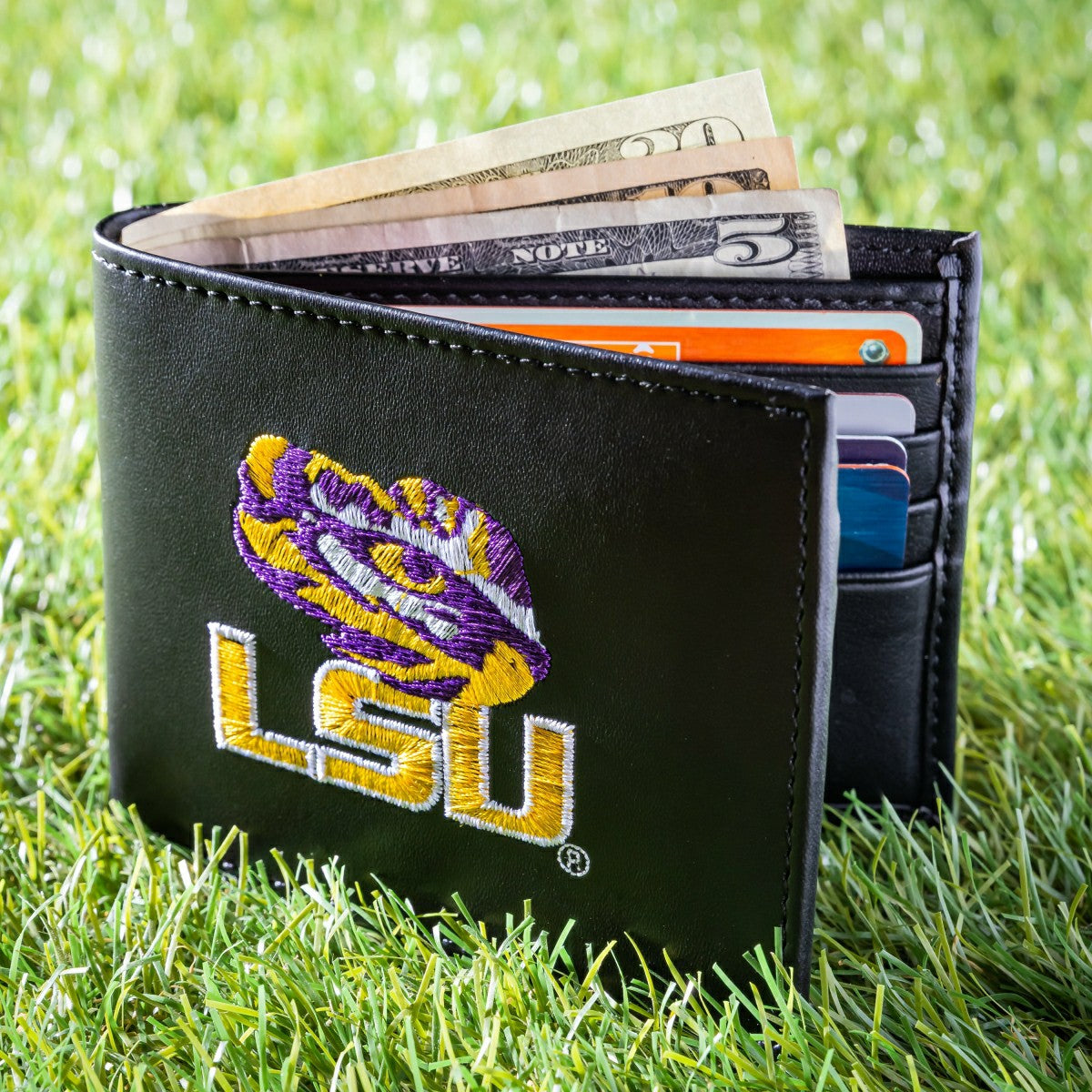 Louisiana State University Black Bi-Fold Embroidered Wallet w/ RFID Blocking, Collegiate, Home