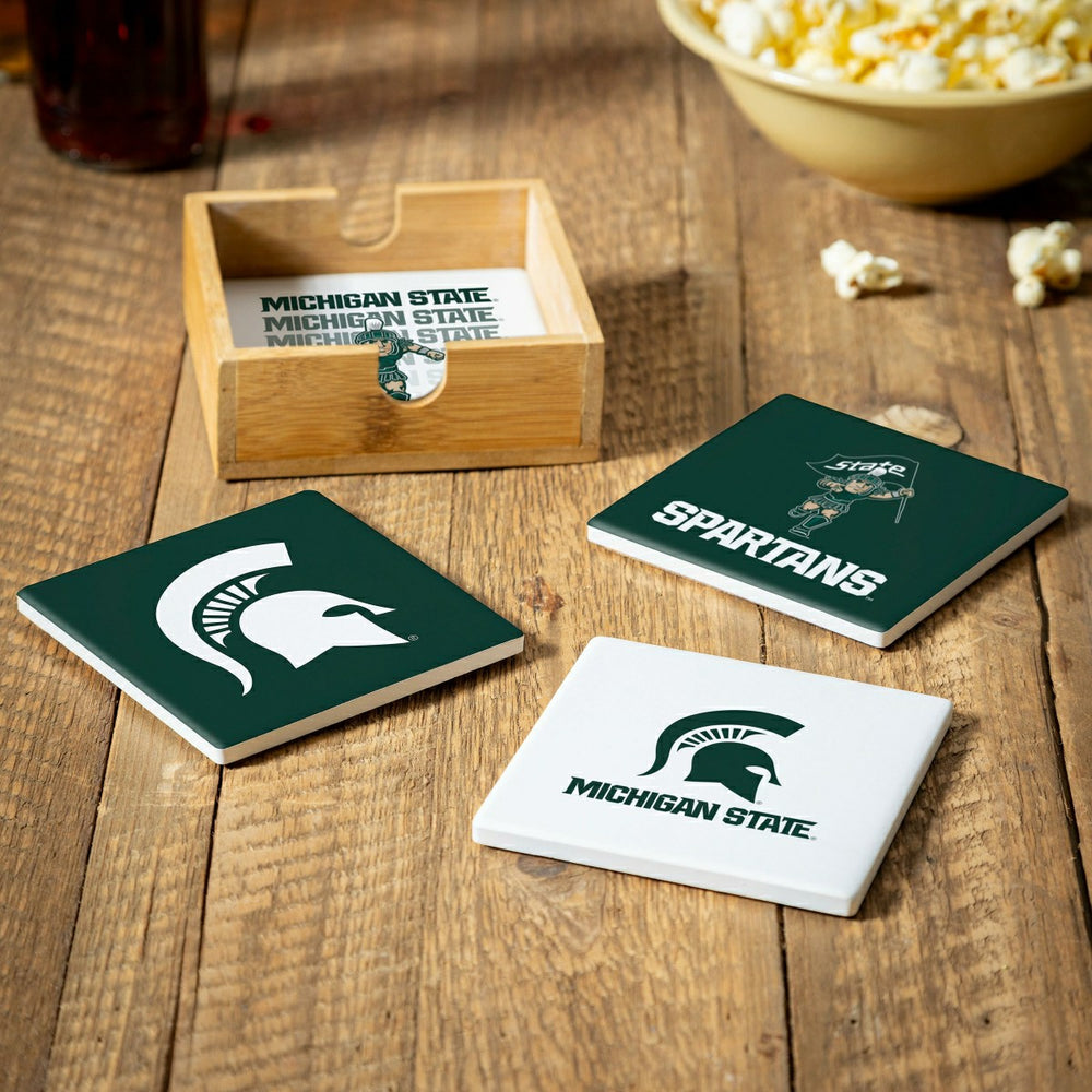 Michigan State University Ceramic Coasters Set, 4pcs with Wood Caddy, Collegiate, Home