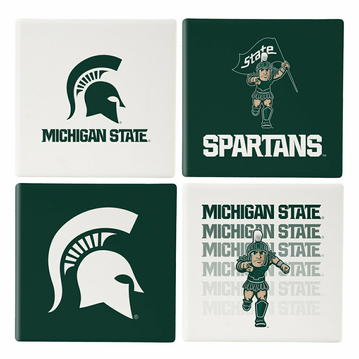 Michigan State University Ceramic Coasters Set, 4pcs with Wood Caddy, Collegiate, Home