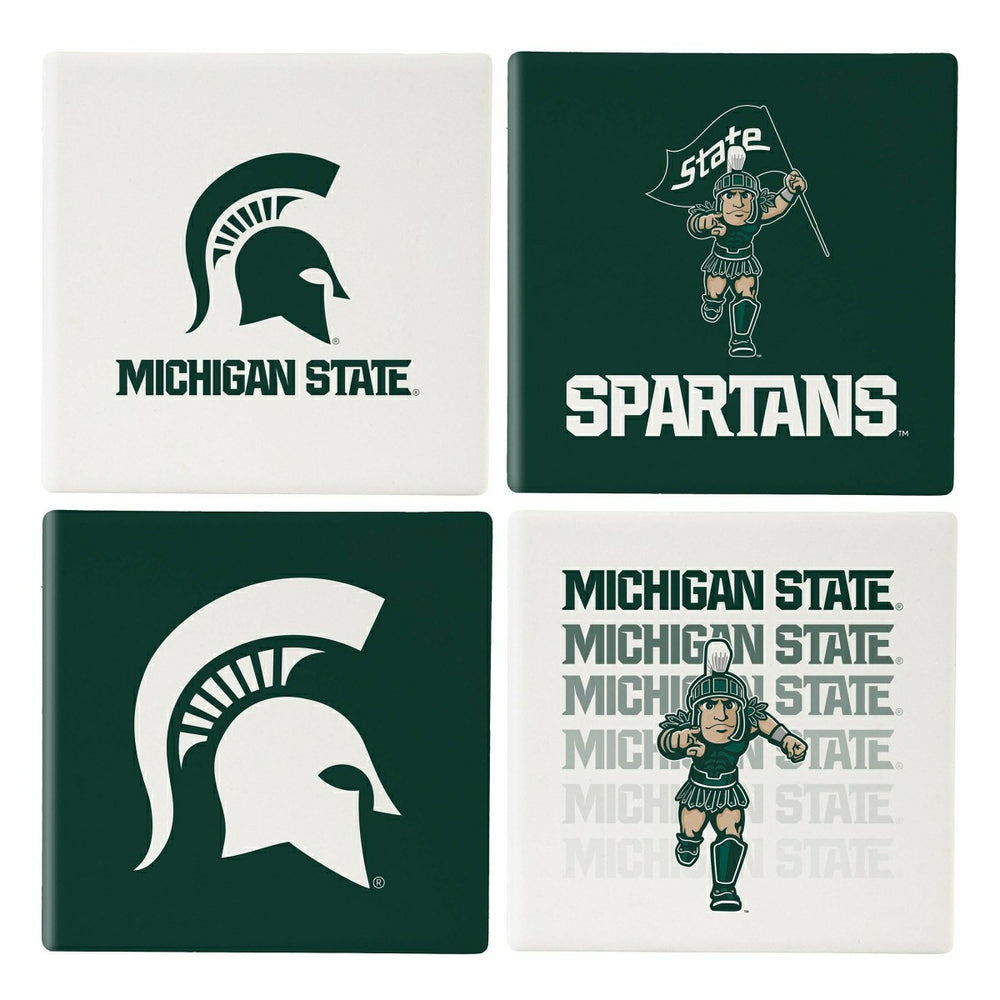 Michigan State University Ceramic Coasters Set, 4pcs with Wood Caddy, Collegiate, Home