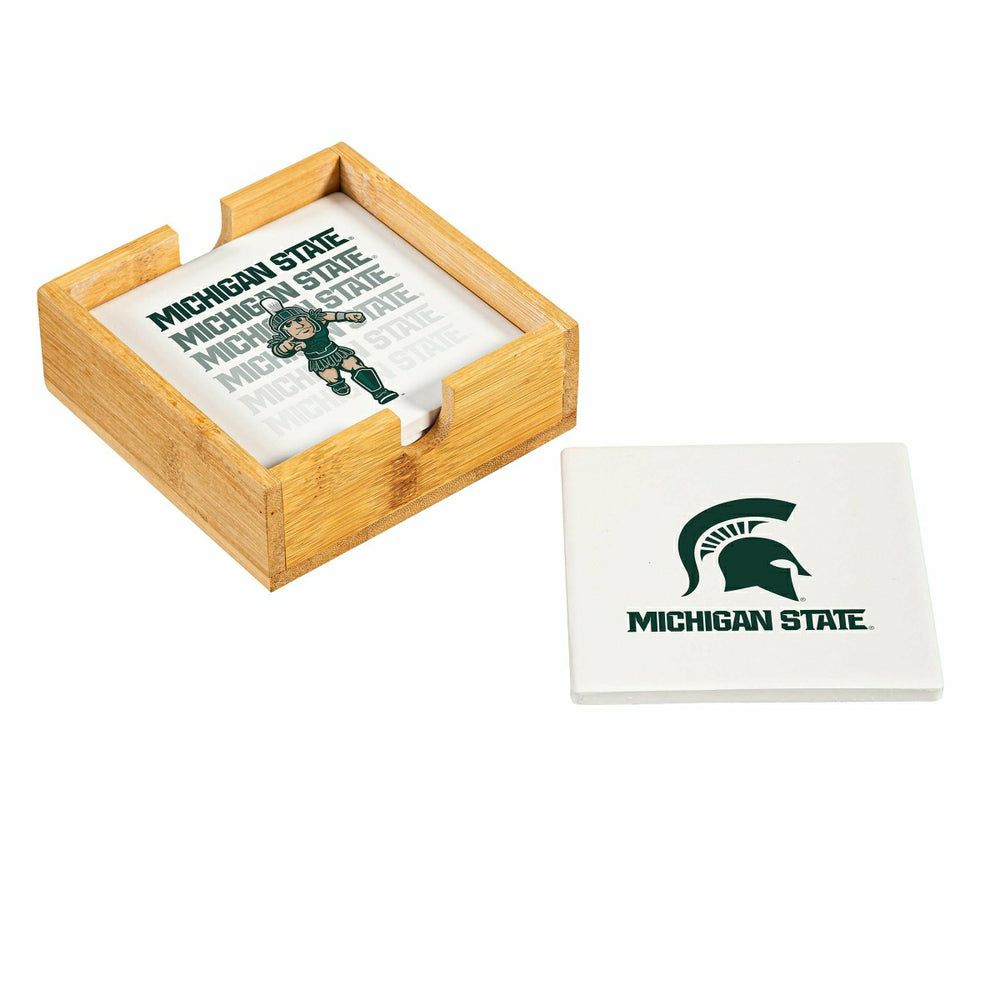 Michigan State University Ceramic Coasters Set, 4pcs with Wood Caddy, Collegiate, Home
