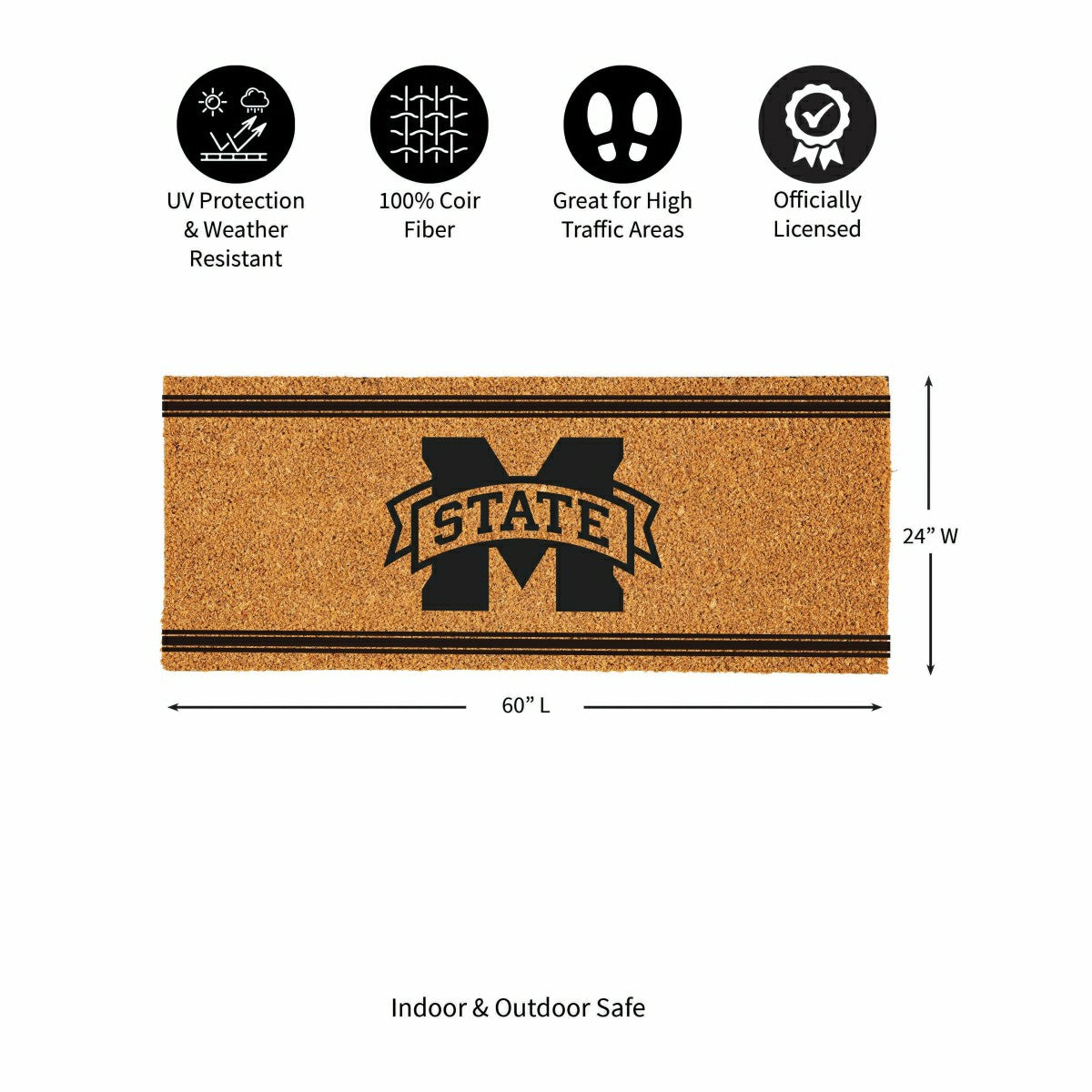 Mississippi State University Extra Large One Color Coir Mat, 60"x24", Collegiate