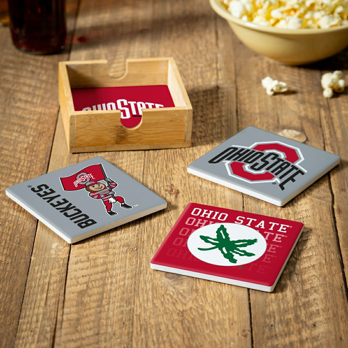 Ohio State University Ceramic Coasters Set, 4pcs with Wood Caddy, Collegiate