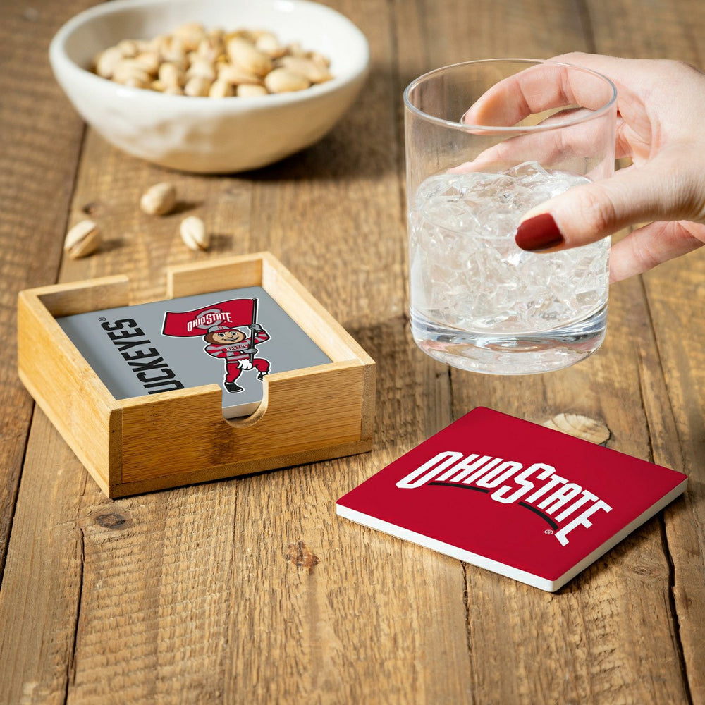 Ohio State University Ceramic Coasters Set, 4pcs with Wood Caddy, Collegiate