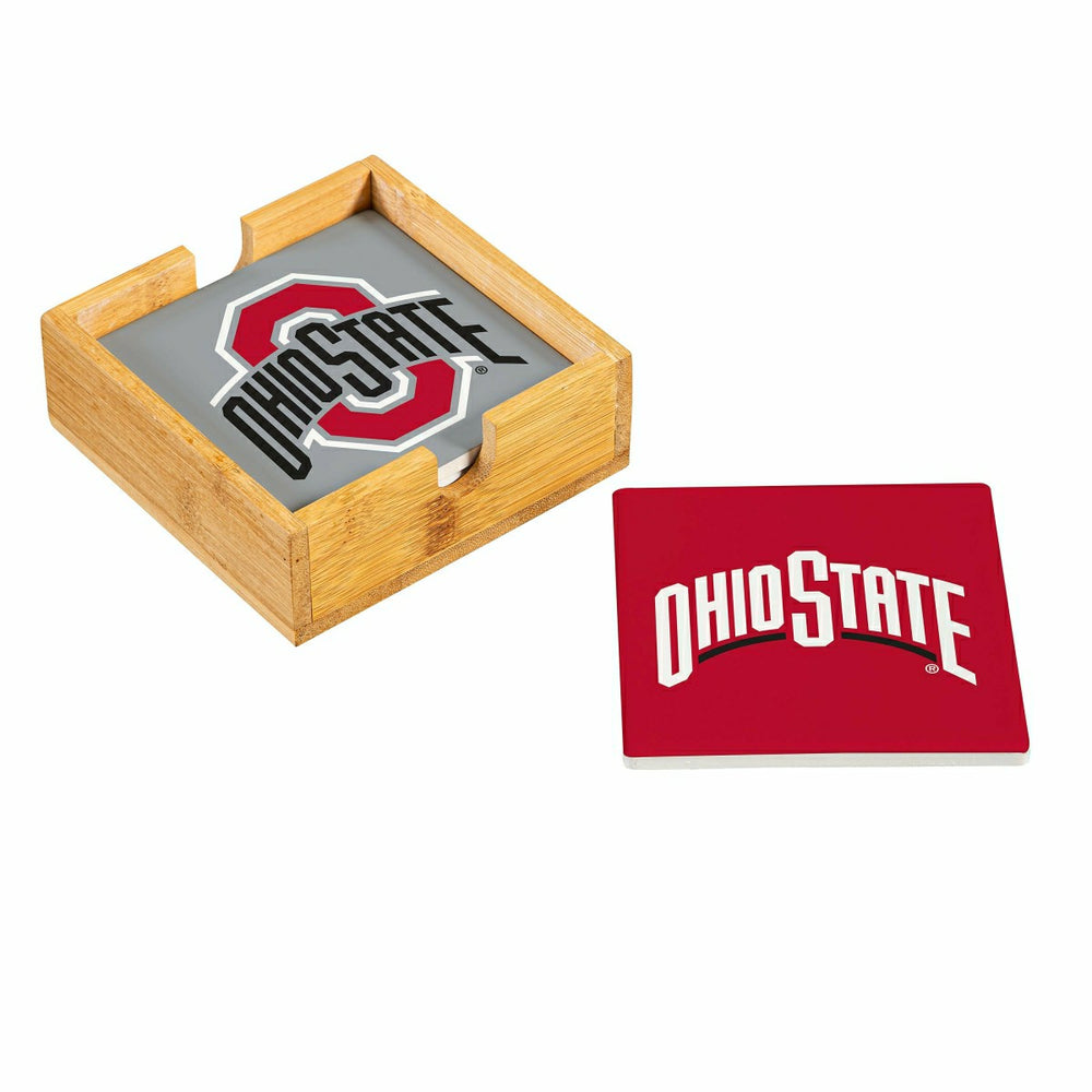 Ohio State University Ceramic Coasters Set, 4pcs with Wood Caddy, Collegiate