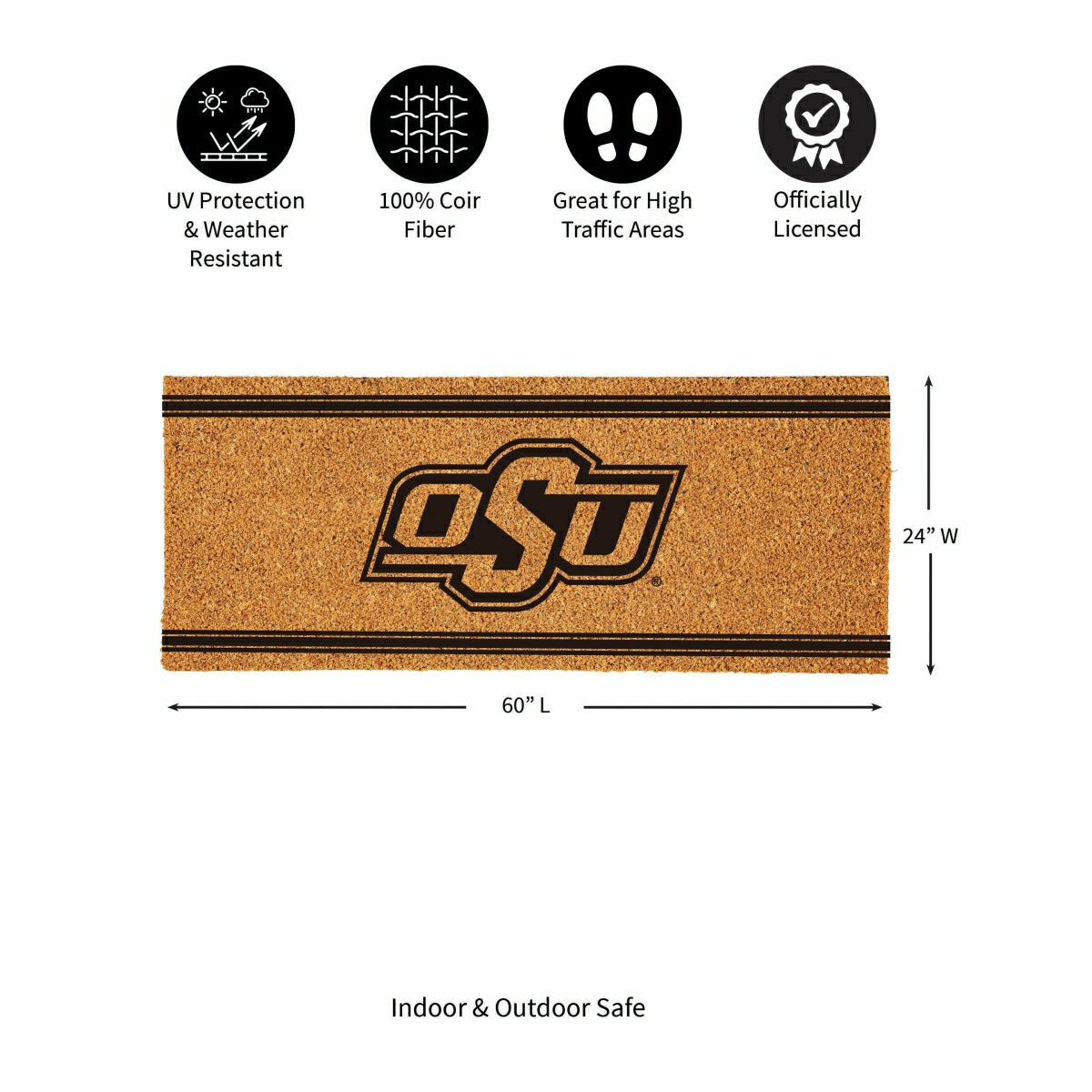 Oklahoma State University Extra Large One Color Coir Mat, 60"x24", Collegiate