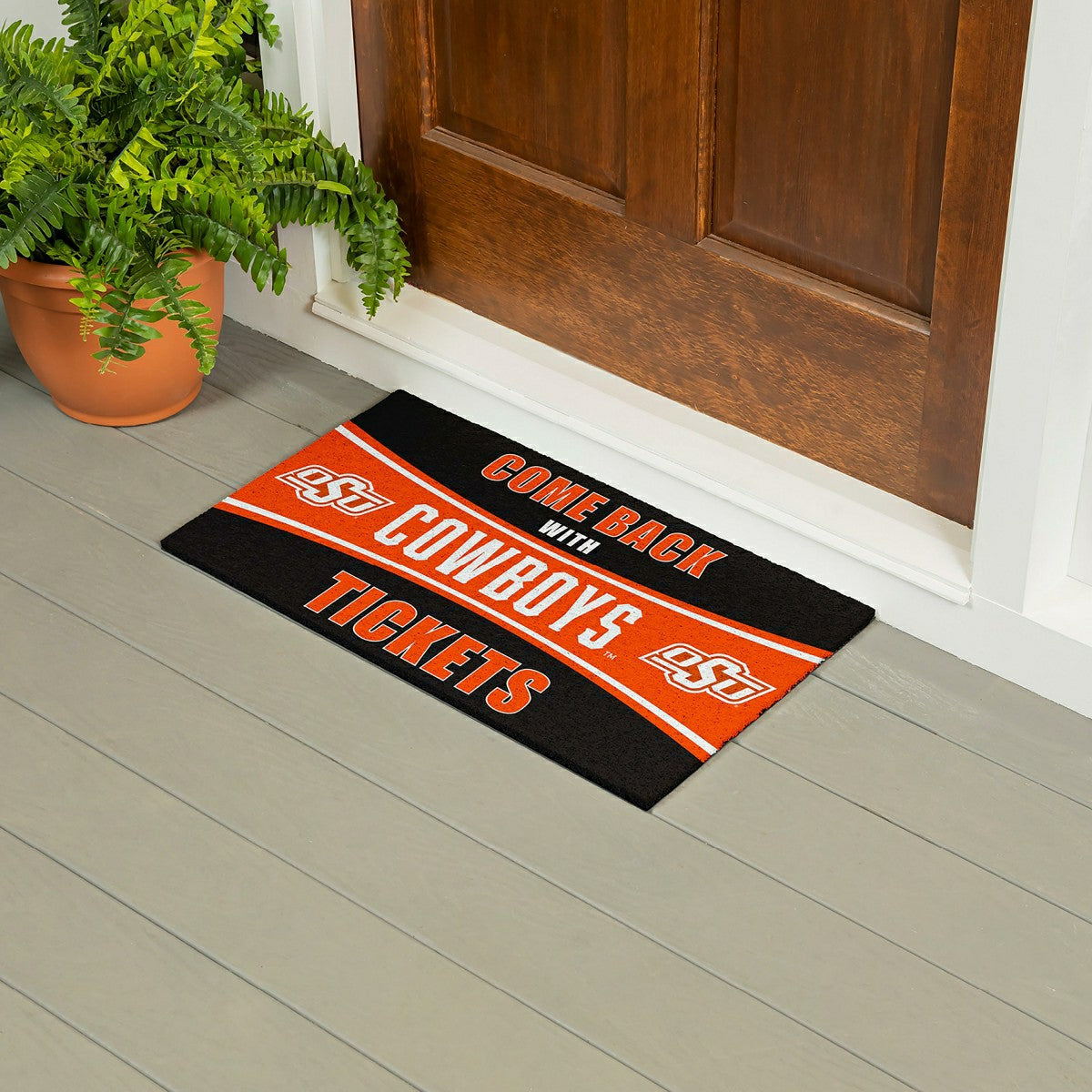 28" x 16" PVC Trapper Mat, Come Back with Tickets, Oklahoma State Univ, Collegiate
