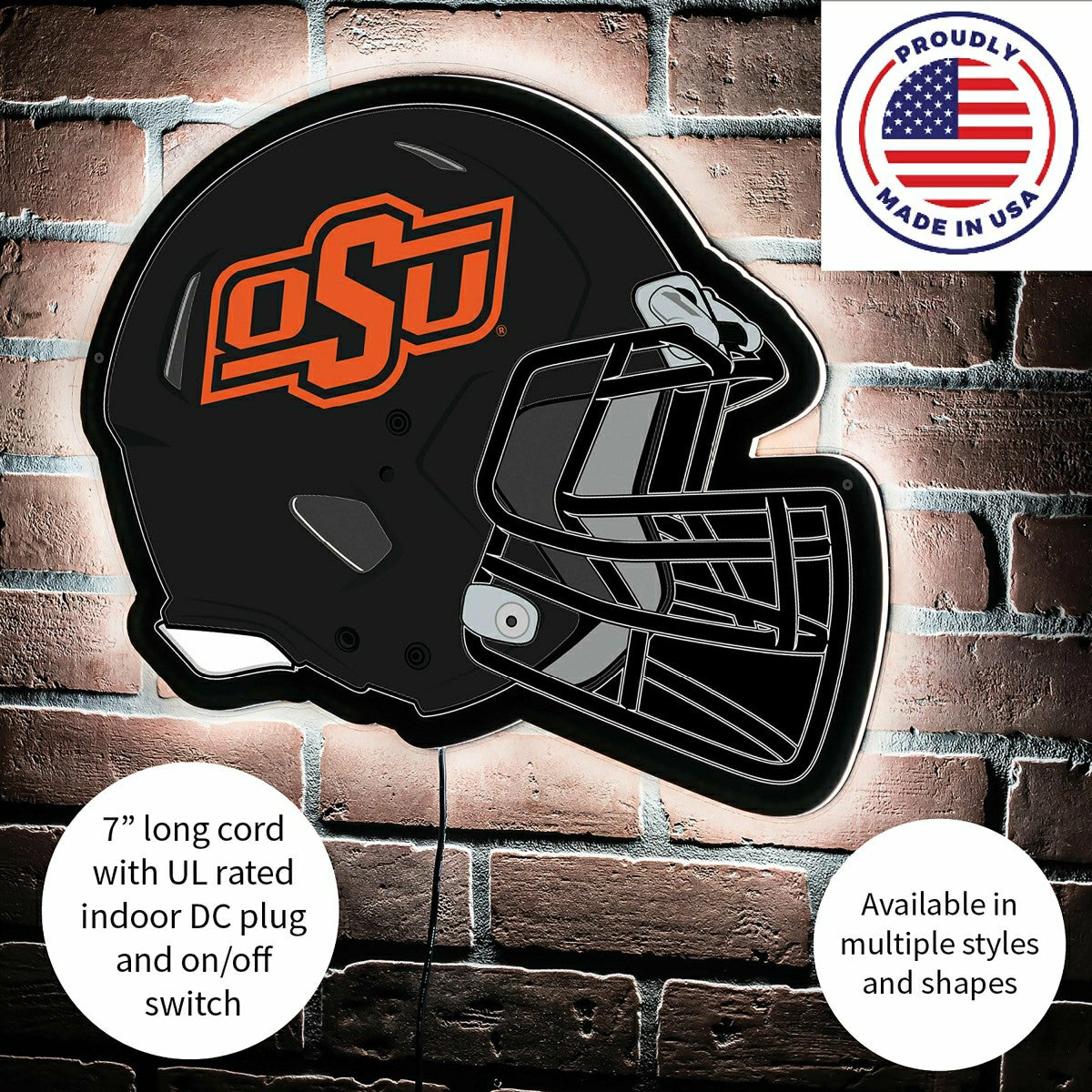 LED Wall Decor, Helmet, Oklahoma State University, Collegiate, Home