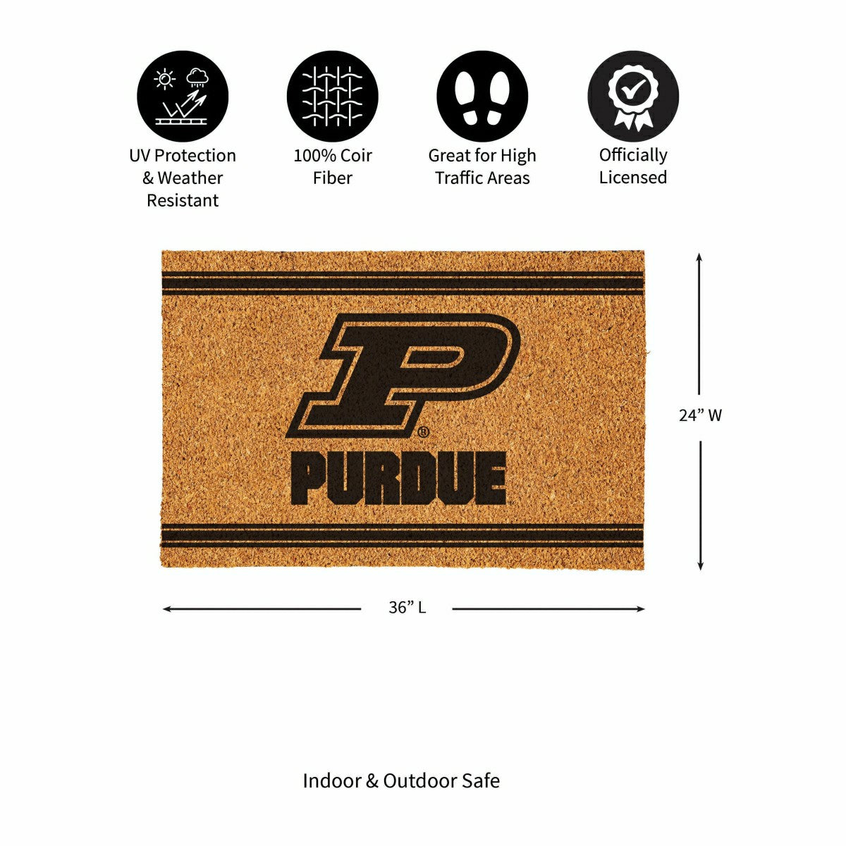 Purdue University Large One Color Coir Mat, 36"x24", Collegiate