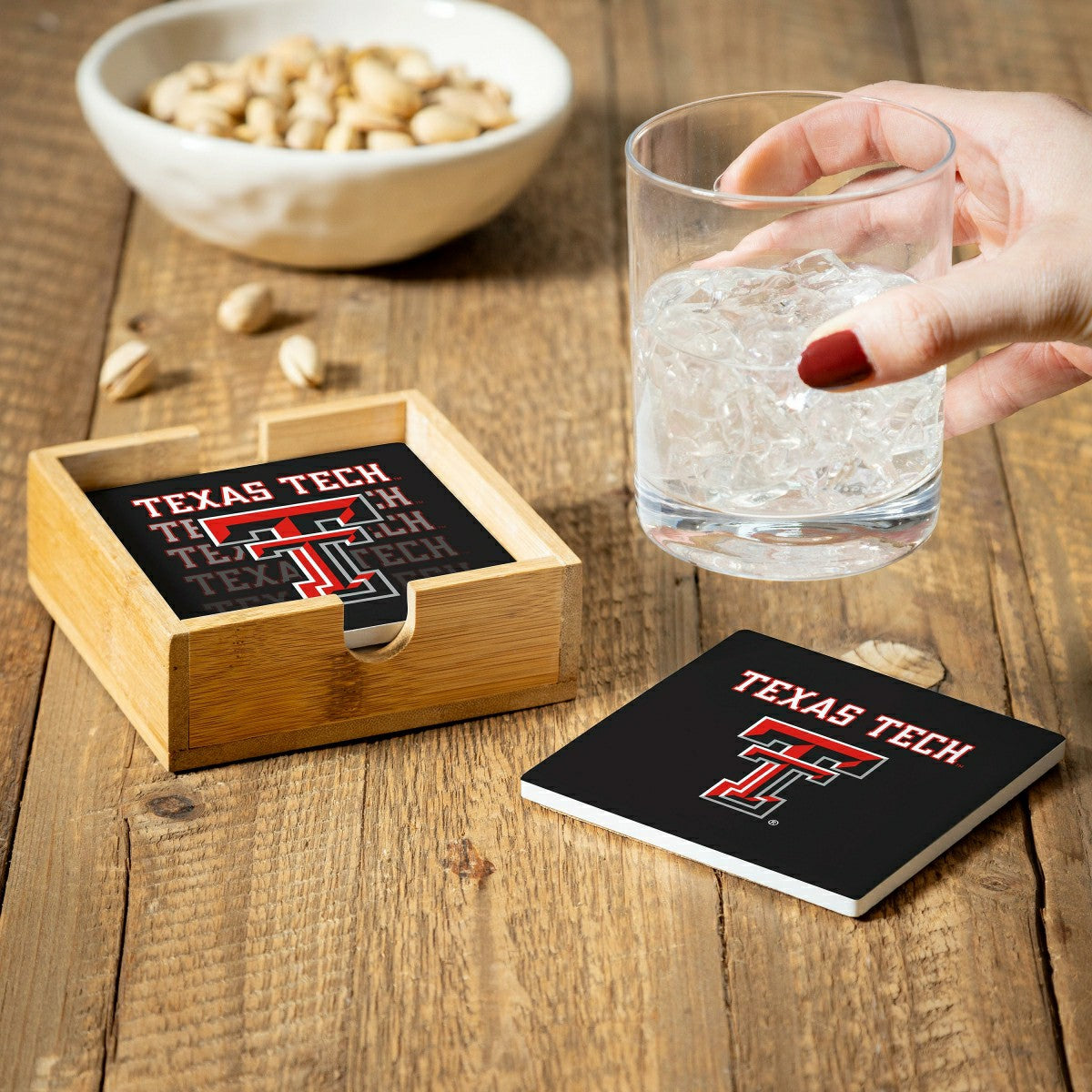 Texas Tech University Ceramic Coasters Set, 4pcs with Wood Caddy, Collegiate, Home