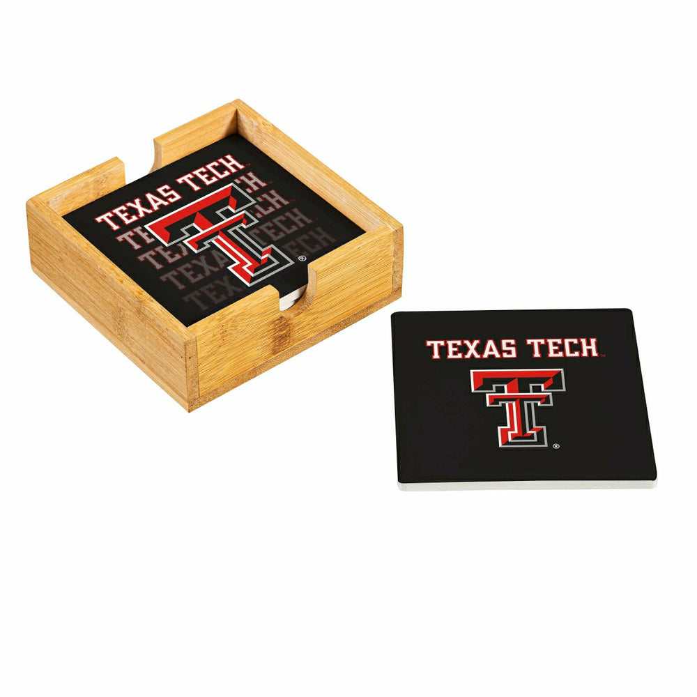 Texas Tech University Ceramic Coasters Set, 4pcs with Wood Caddy, Collegiate, Home
