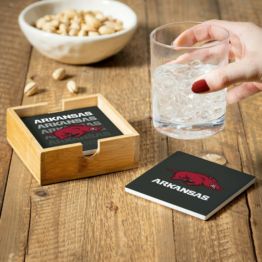 University of Arkansas Ceramic Coasters Set, 4pcs with Wood Caddy, Collegiate, Home
