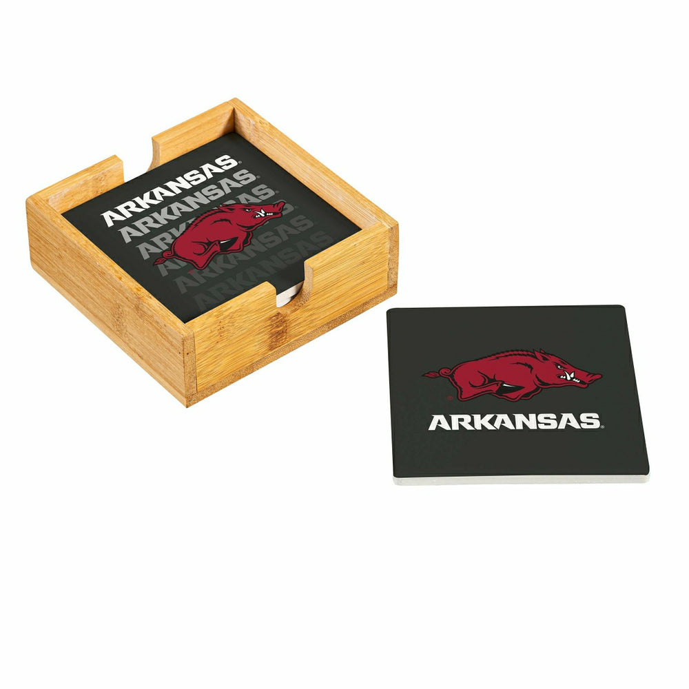 University of Arkansas Ceramic Coasters Set, 4pcs with Wood Caddy, Collegiate, Home