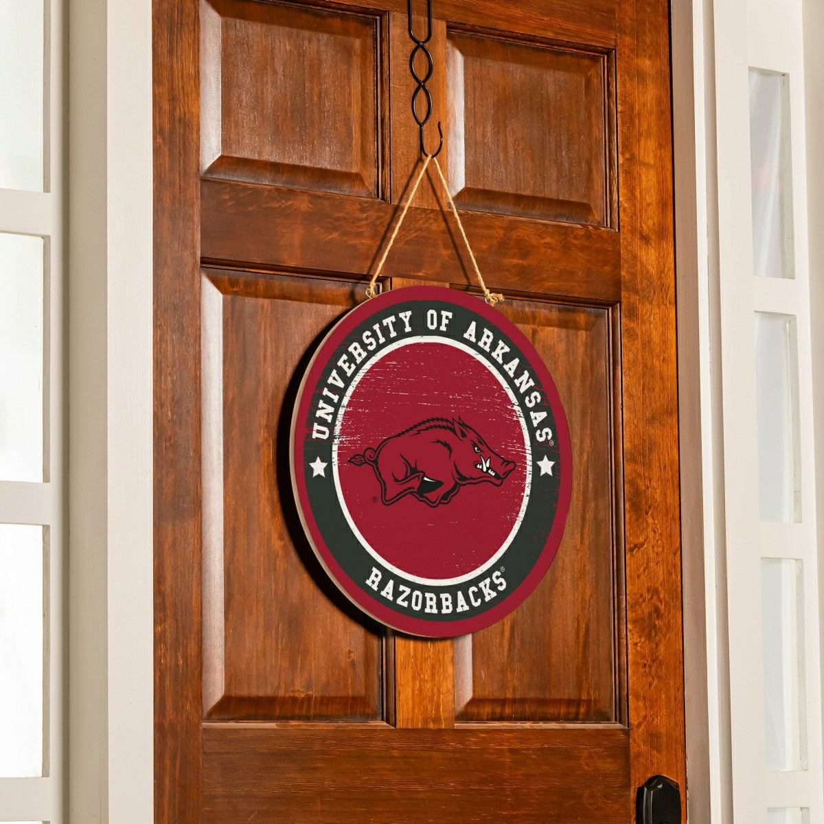 University of Arkansas Round Door Décor with Hanging Rope, 18x18, Collegiate, Home