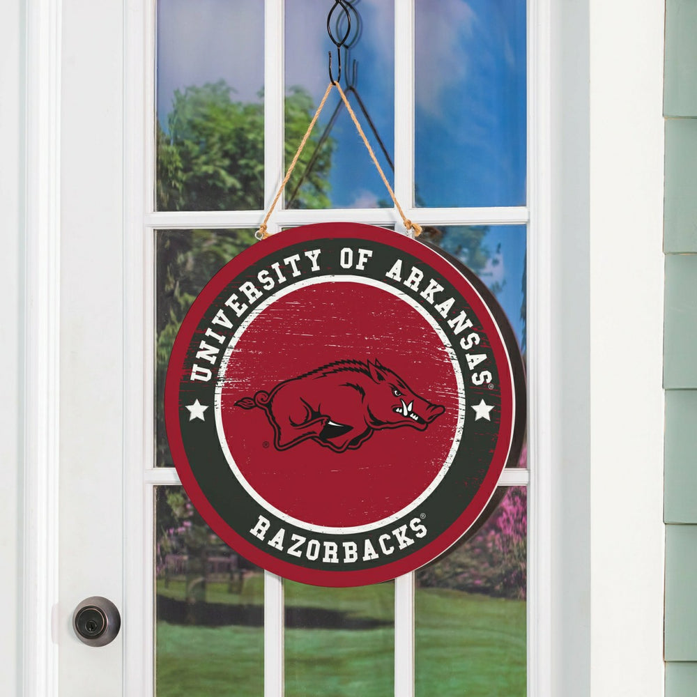 University of Arkansas Round Door Décor with Hanging Rope, 18x18, Collegiate, Home