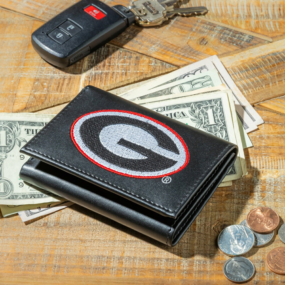 University of Georgia Black Tri-Fold Embroidered Wallet w/ RFID Blocki, Collegiate, Home