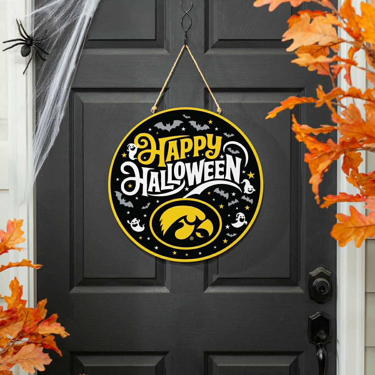 University of Iowa Halloween Round Door Décor with Hanging Rope, 18x18, Collegiate, Home