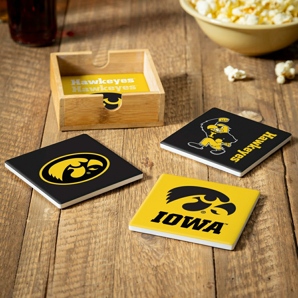 University of Iowa Ceramic Coasters Set, 4pcs with Wood Caddy, Collegiate, Home