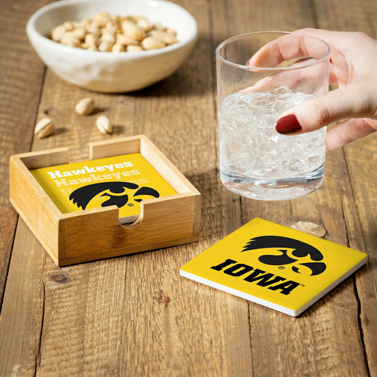 University of Iowa Ceramic Coasters Set, 4pcs with Wood Caddy, Collegiate, Home