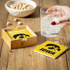 University of Iowa Ceramic Coasters Set, 4pcs with Wood Caddy, Collegiate, Home