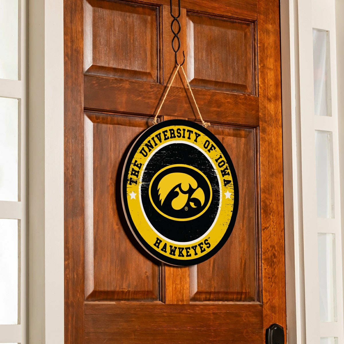 University of Iowa Round Door Décor with Hanging Rope, 18x18, Collegiate, Home