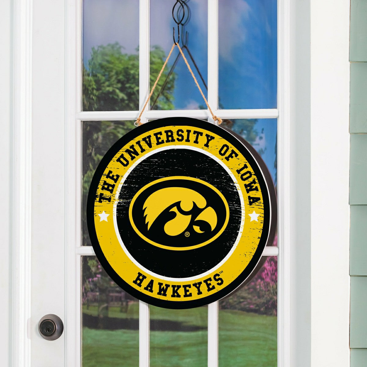University of Iowa Round Door Décor with Hanging Rope, 18x18, Collegiate, Home