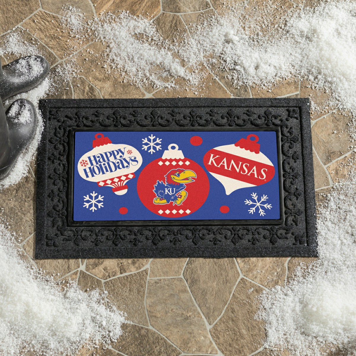 University of Kansas Holiday Flocked Coir Sassafras Switch Mat, 22"x10, Collegiate