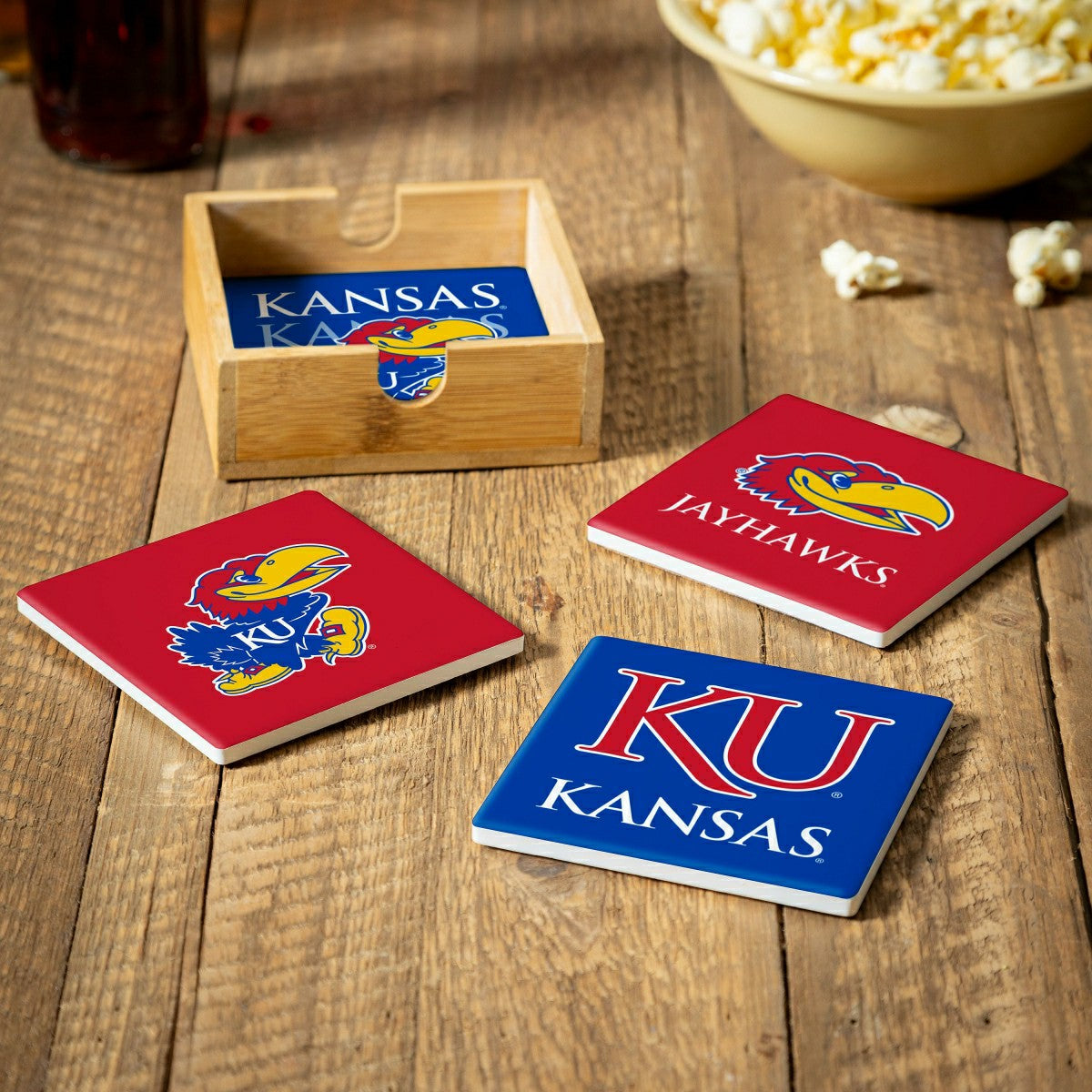 University of Kansas Ceramic Coasters Set, 4pcs with Wood Caddy, Collegiate, Home
