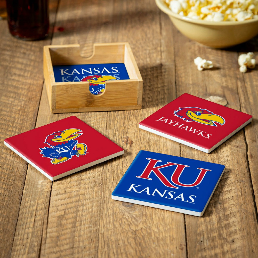 University of Kansas Ceramic Coasters Set, 4pcs with Wood Caddy, Collegiate, Home