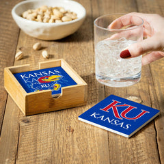 University of Kansas Ceramic Coasters Set, 4pcs with Wood Caddy, Collegiate, Home