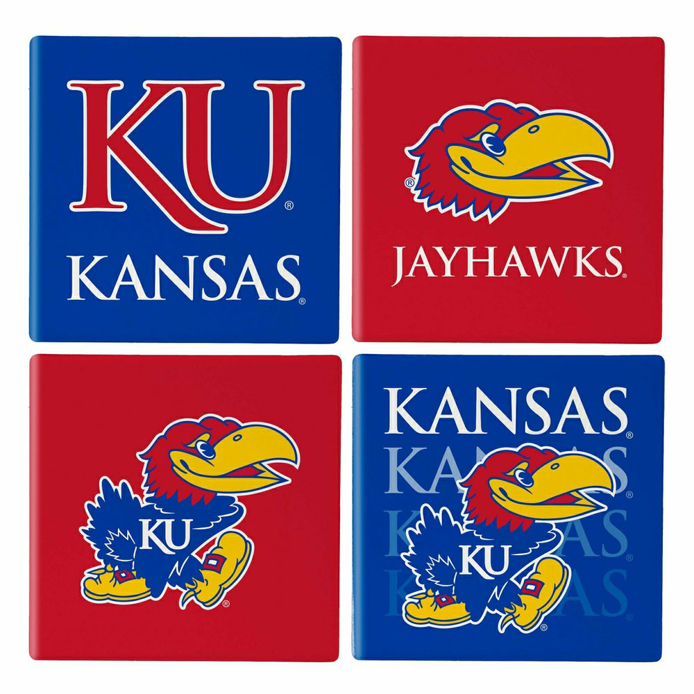 University of Kansas Ceramic Coasters Set, 4pcs with Wood Caddy, Collegiate, Home