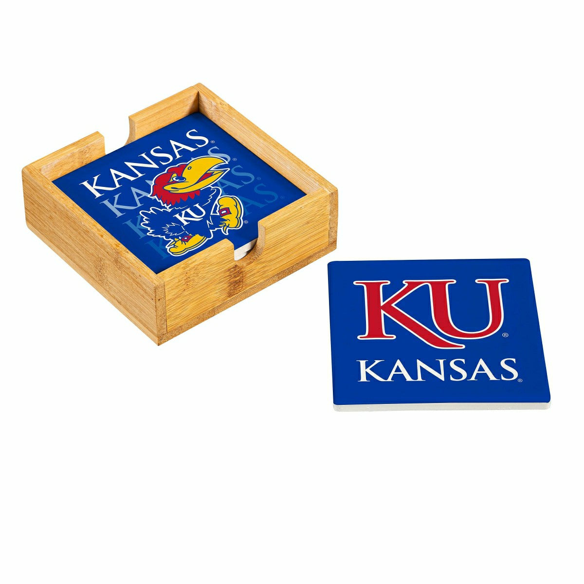 University of Kansas Ceramic Coasters Set, 4pcs with Wood Caddy, Collegiate, Home