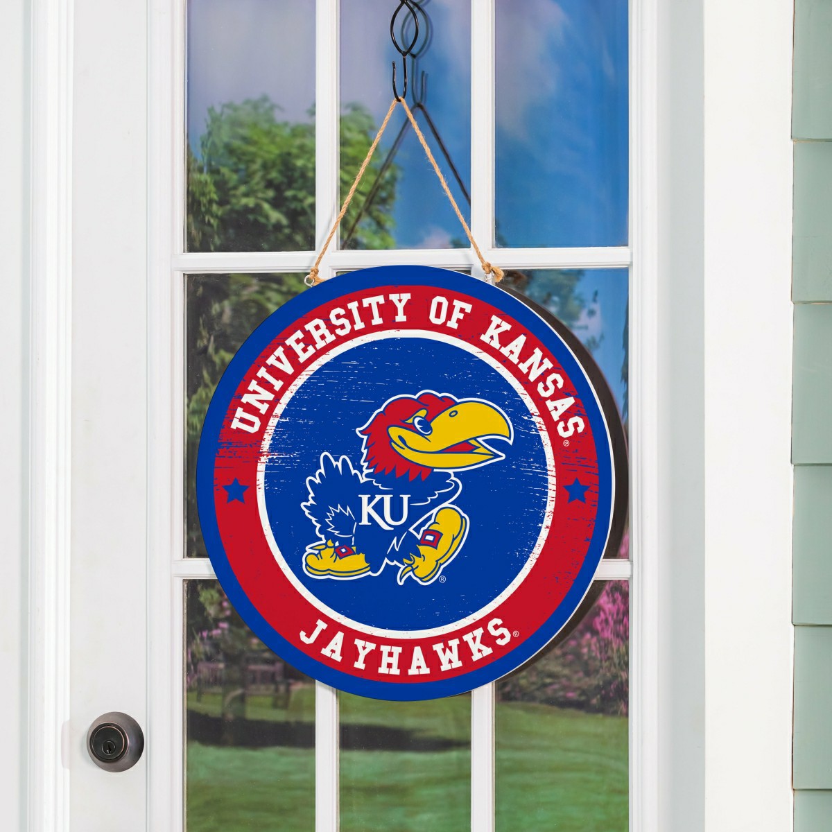 University of Kansas Round Door Décor with Hanging Rope, 18x18, Collegiate, Home