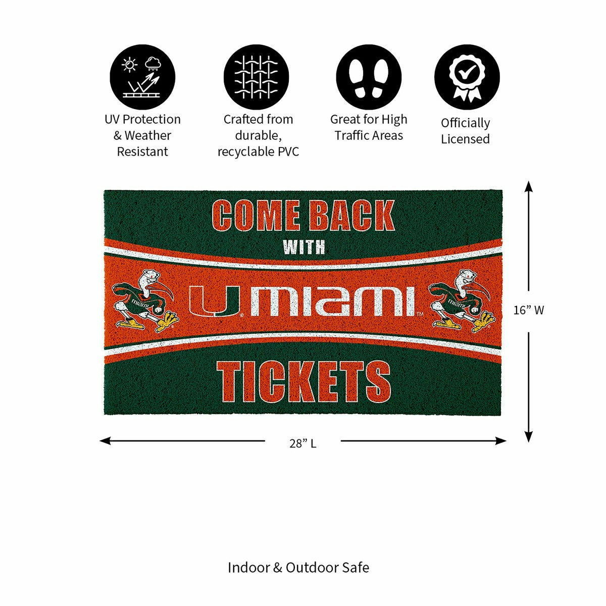 28" x 16" PVC Trapper Mat, Come Back with Tickets, University of Miami, Collegiate