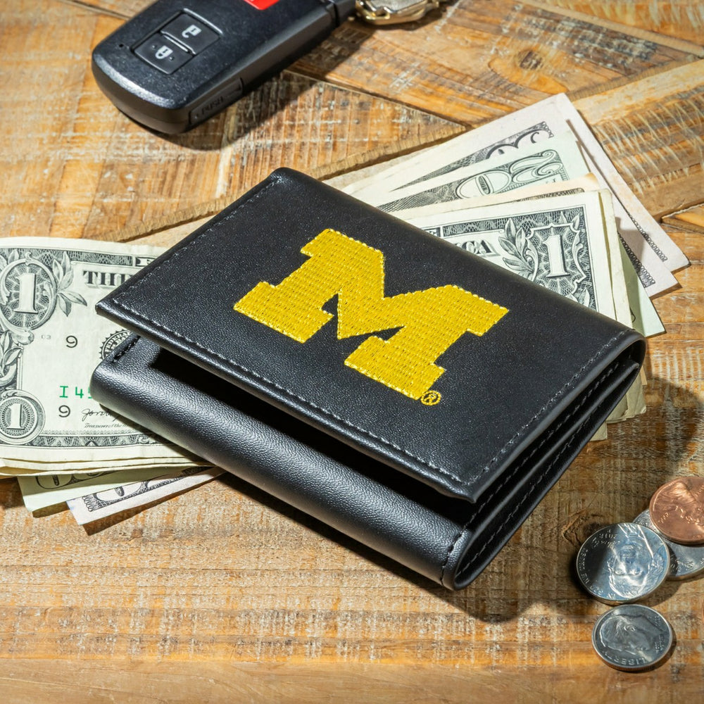 University Of Michigan Black Tri-Fold Embroidered Wallet w/ RFID Blocking, Collegiate, Home