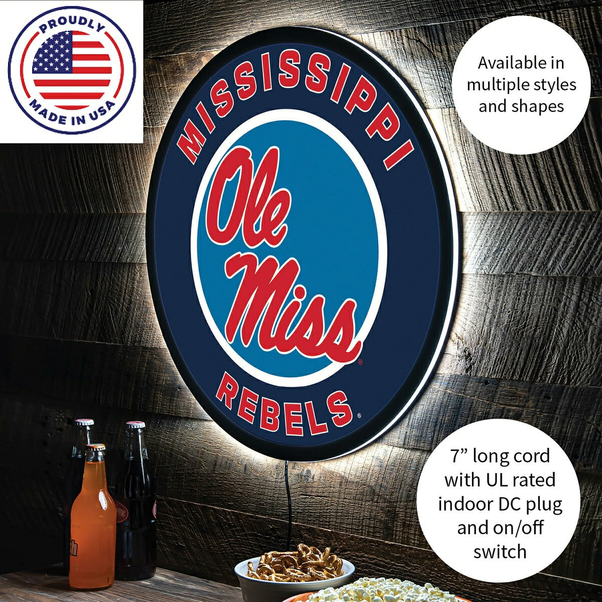 LED Wall Decor, Round, University of Mississippi, Collegiate, Home
