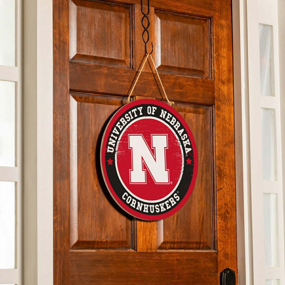 University of Nebraska Round Door Décor with Hanging Rope, 18x18, Collegiate, Home