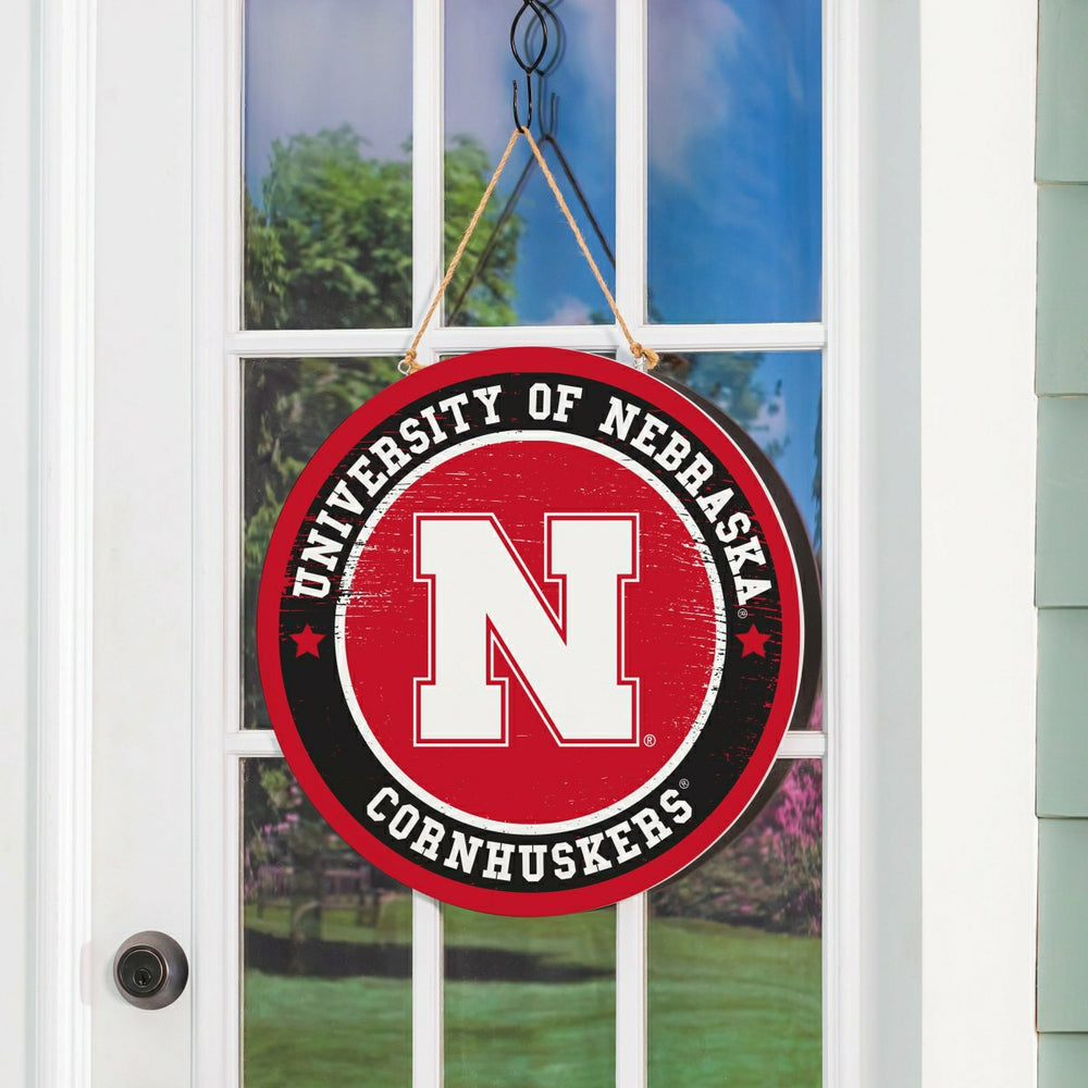 University of Nebraska Round Door Décor with Hanging Rope, 18x18, Collegiate, Home