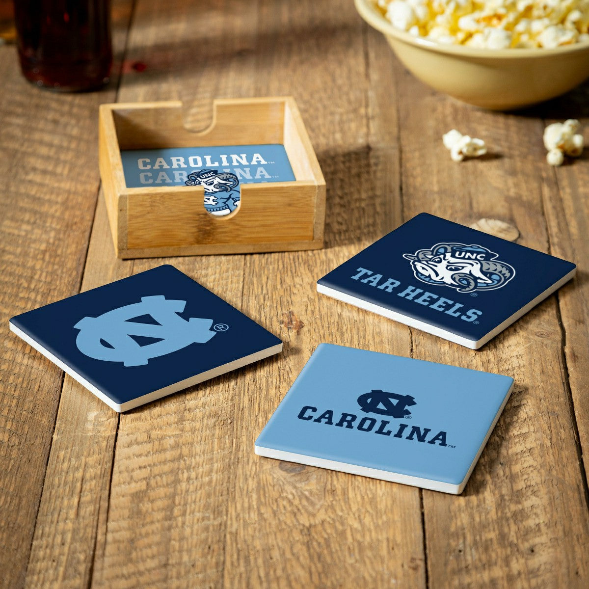 University of North Carolina Ceramic Coasters Set, 4pcs with Wood Cadd, Collegiate, Home