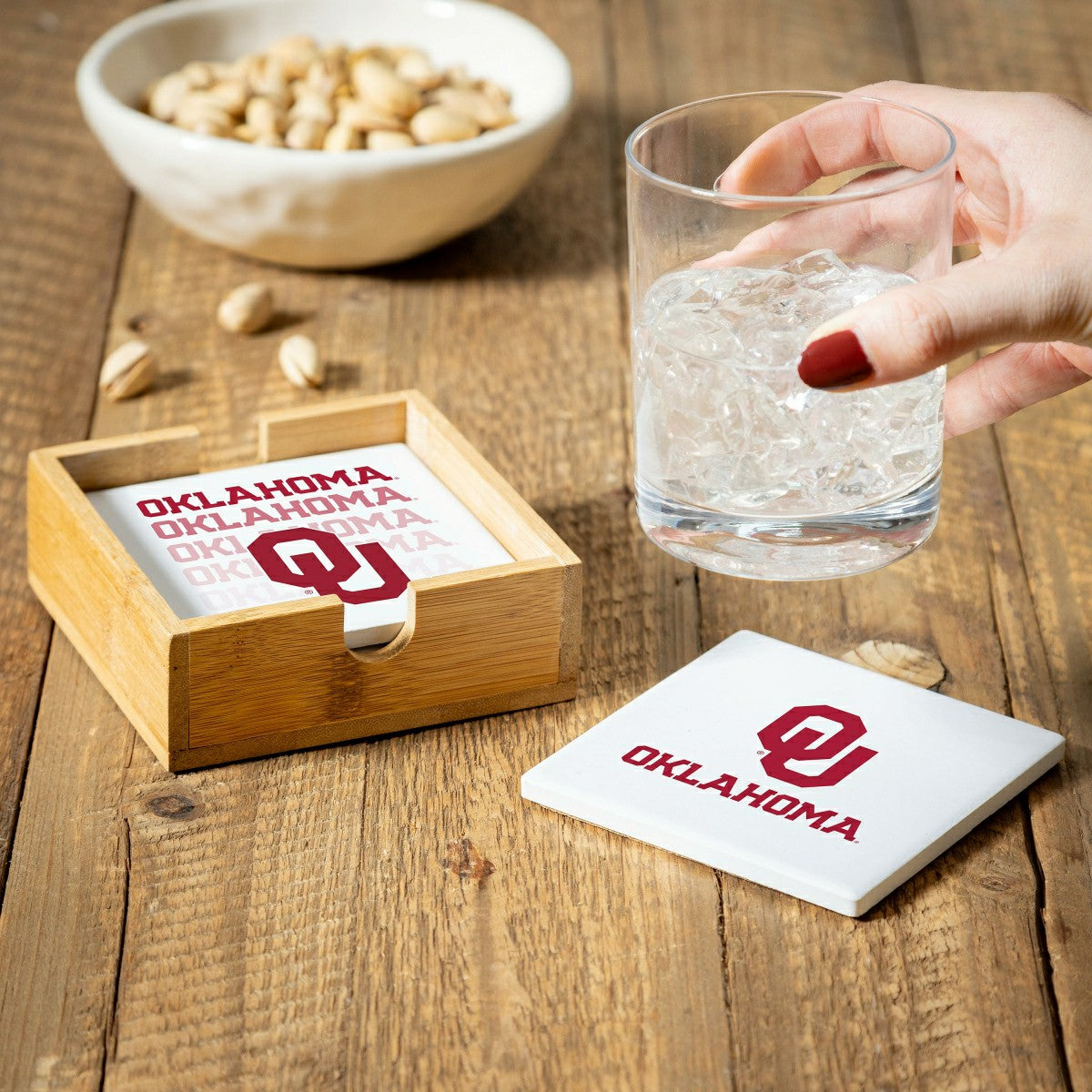 University of Oklahoma Ceramic Coasters Set, 4pcs with Wood Caddy, Collegiate, Home