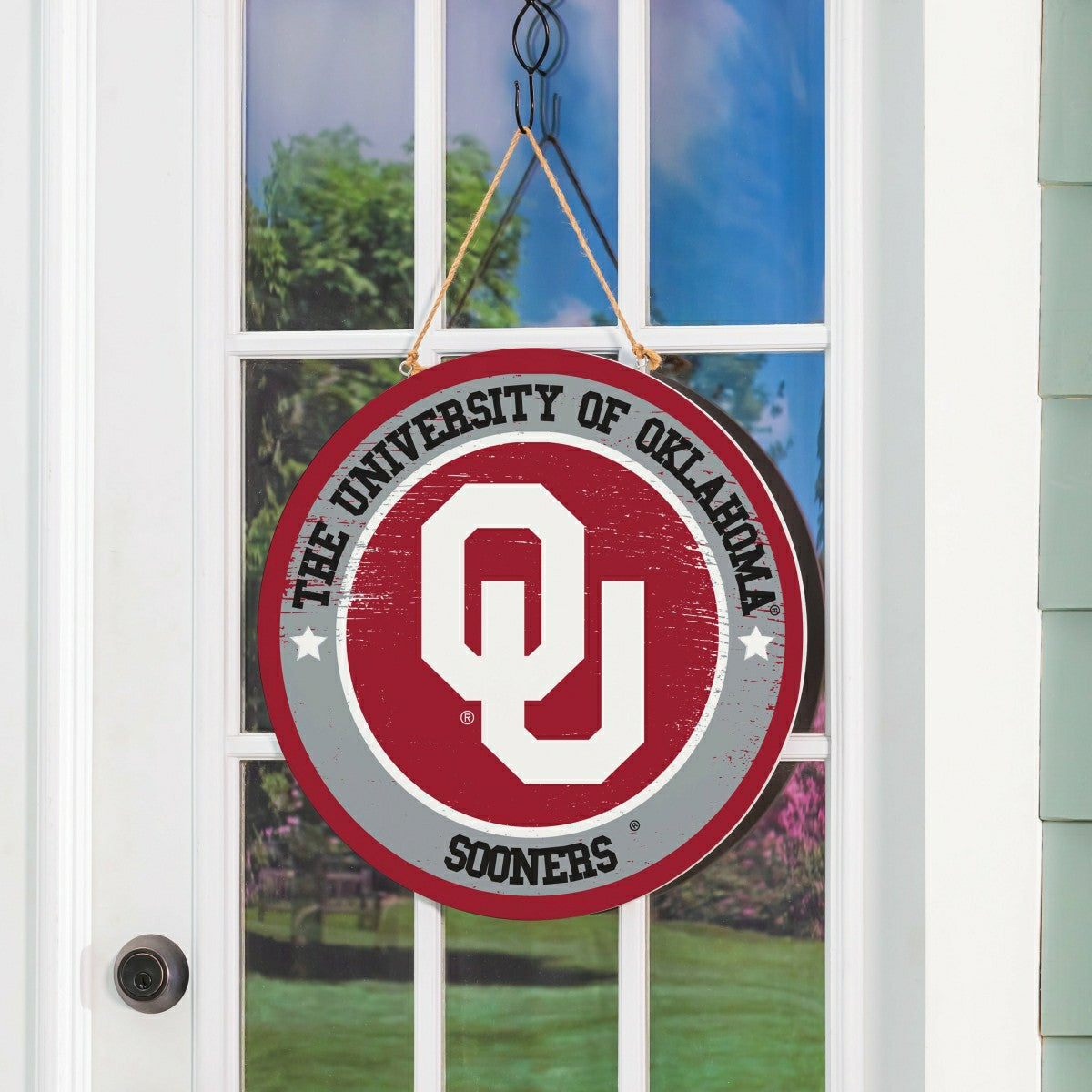 University of Oklahoma Round Door Décor with Hanging Rope, 18x18, Collegiate, Home