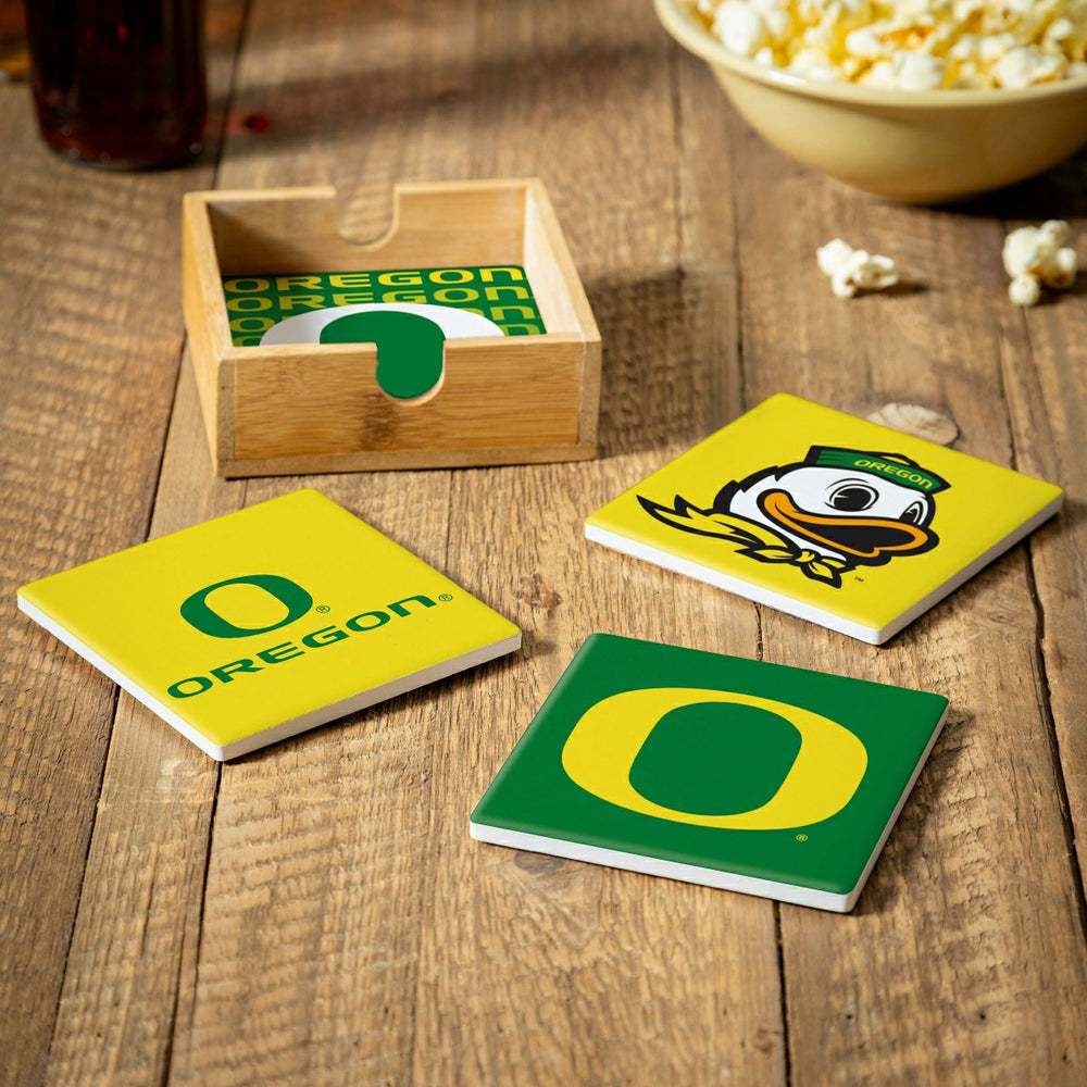 University of Oregon Ceramic Coasters Set, 4pcs with Wood Caddy, Collegiate, Home