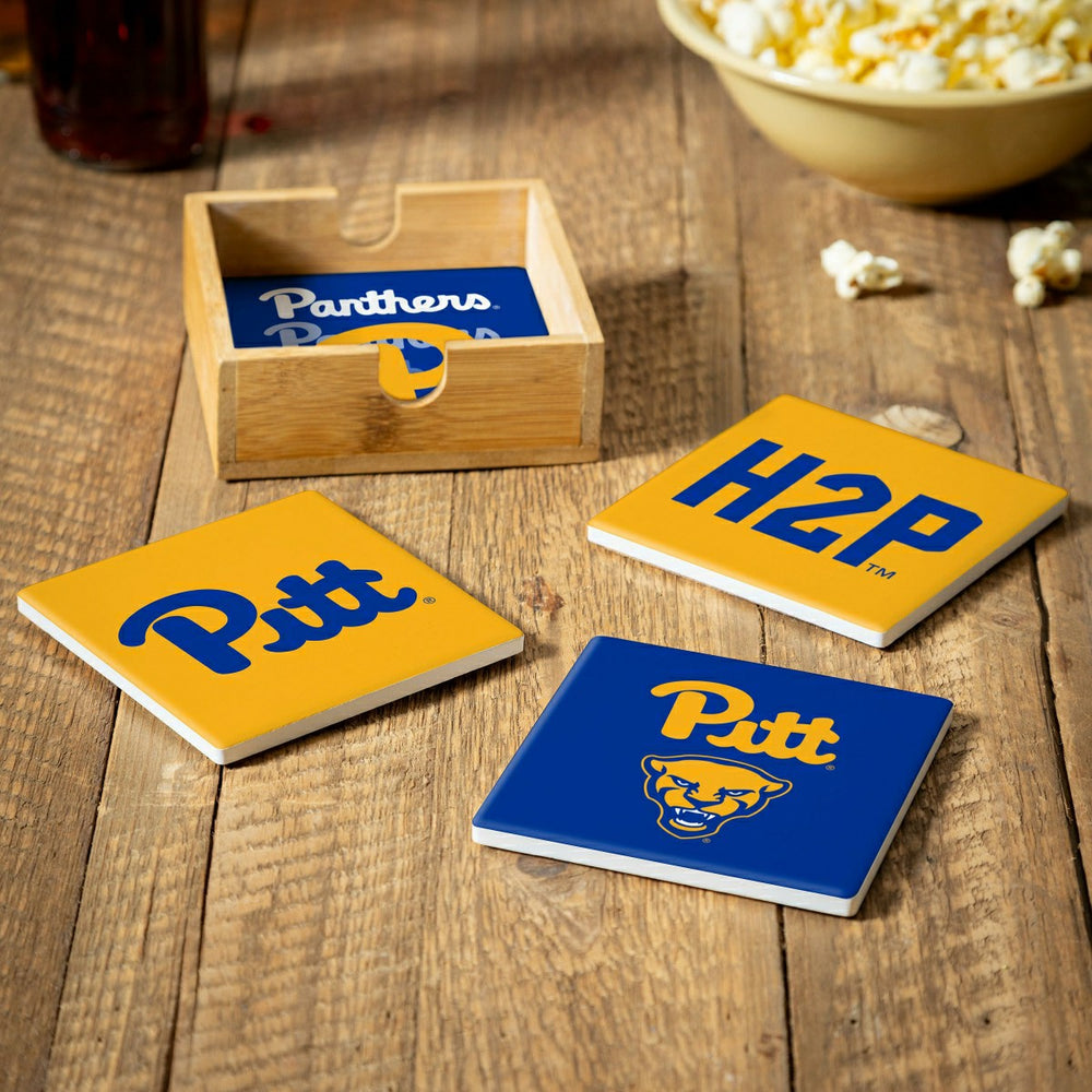 University of Pittsburgh Ceramic Coasters Set, 4pcs with Wood Caddy, Collegiate, Home